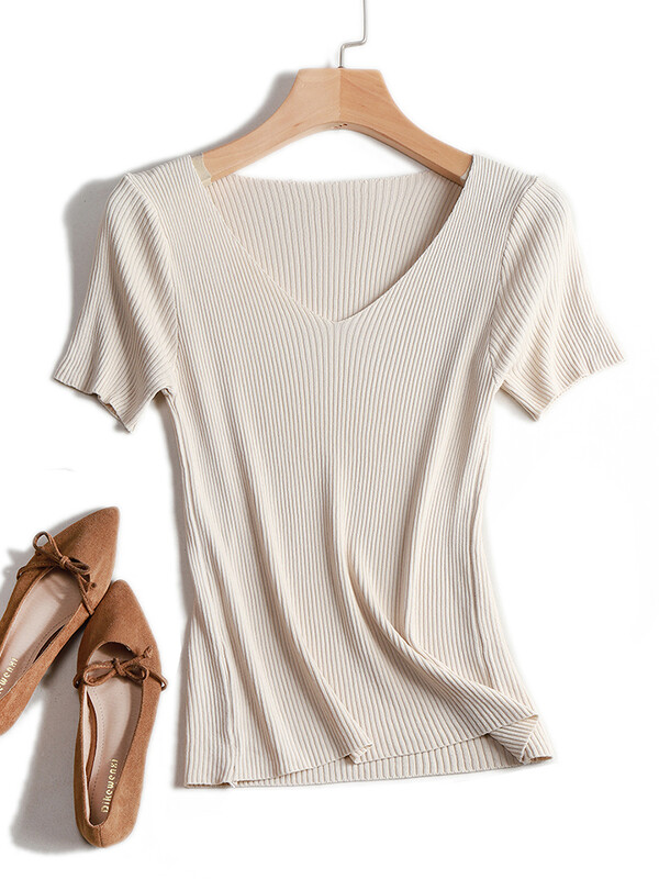 Pullover kootud Lühikeste varrukatega kootud kampsun Naiste kevadsuvi Slim Basic Solid Casual Base Naiste kudumissärgid 2024 Korea