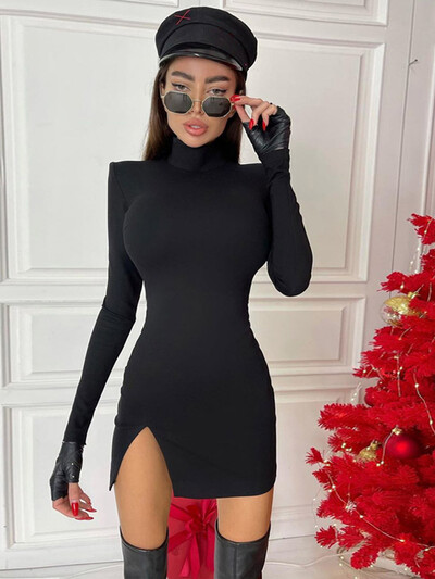Жени Пролет Есен Бодико с дълъг ръкав Soild Color Black Slim Package Hip Mini Dress Дамско облекло Streetwear