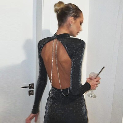 Hawthaw Жени 2024 Пролет Есен Секси дълъг ръкав Party Club Вечерно улично облекло Bodycon Backelss Черна къса мини рокля