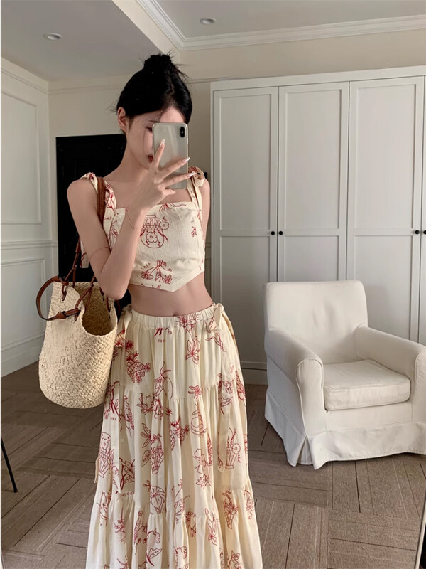 Naiste kleidikomplekt, kaheosaline kõrge vöökohaga Midi seelik, tõmblukk, plisseeritud kärbitud top Korea stiilis Hotsweet Girls õhuke lilleline hubane suvi