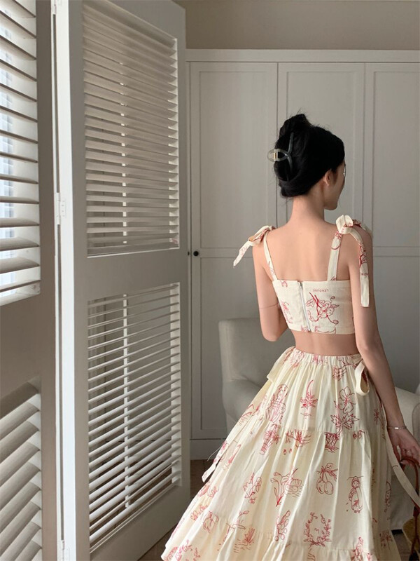 Naiste kleidikomplekt, kaheosaline kõrge vöökohaga Midi seelik, tõmblukk, plisseeritud kärbitud top Korea stiilis Hotsweet Girls õhuke lilleline hubane suvi