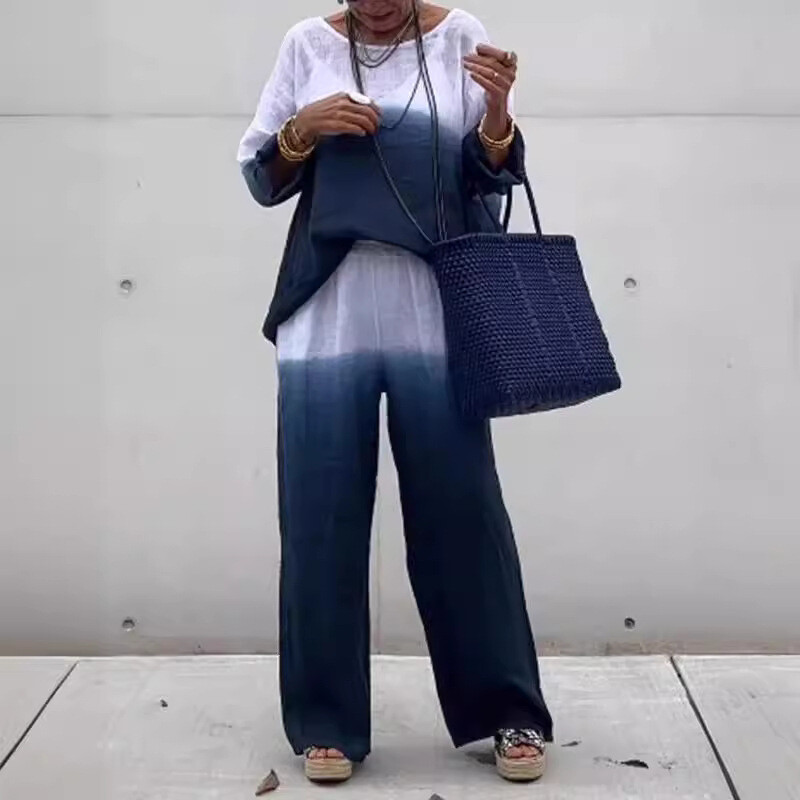 Gradient puuvillase ja linase 2-osalised komplektid Naiste riietus naistele Suvine mood taskupükste komplektid vabaaja puljong-särgi ülikond