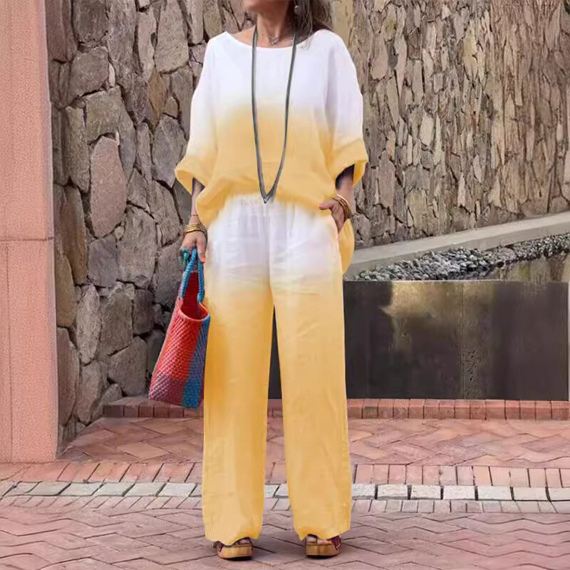 Gradient puuvillase ja linase 2-osalised komplektid Naiste riietus naistele Suvine mood taskupükste komplektid vabaaja puljong-särgi ülikond