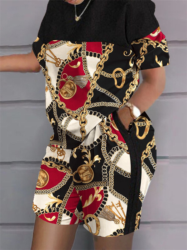 Komplektid Riietused 2022 Plus Size Abstract Print Casual top ja lühikesed püksid Kahe moodsa vabaaja tüki komplekt Naistele mõeldud spordidressid