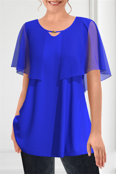 Női nagy méretű ruha póló Royal Blue Chiffon Flutter Sleeve dupla rétegű kivágott hamis kétrészes redőzött A-vonalú nyári felső