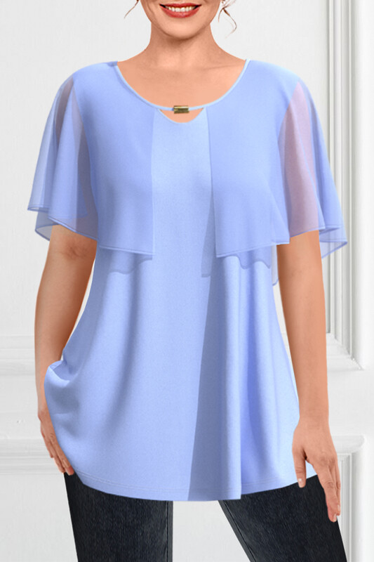 Naiste suures suuruses triiksärk Kuninglik sinine šifoonist lehvimisvarrukas, kahekihiline väljalõigatud võlts, kaheosaline plisseeritud A-jooneline suvetopp