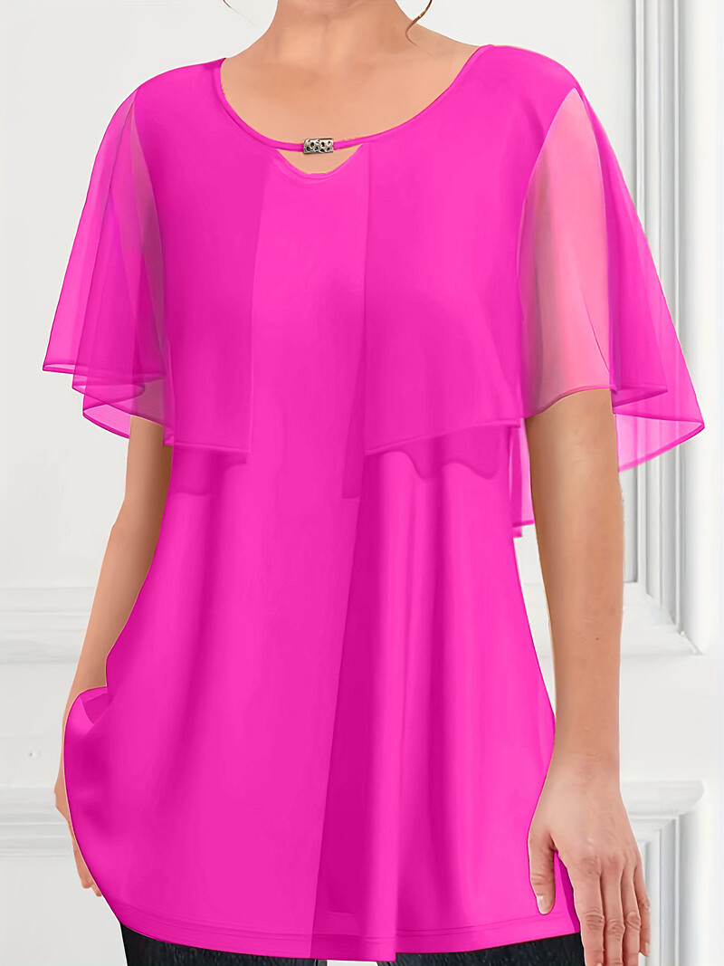 Naiste suures suuruses triiksärk Kuninglik sinine šifoonist lehvimisvarrukas, kahekihiline väljalõigatud võlts, kaheosaline plisseeritud A-jooneline suvetopp