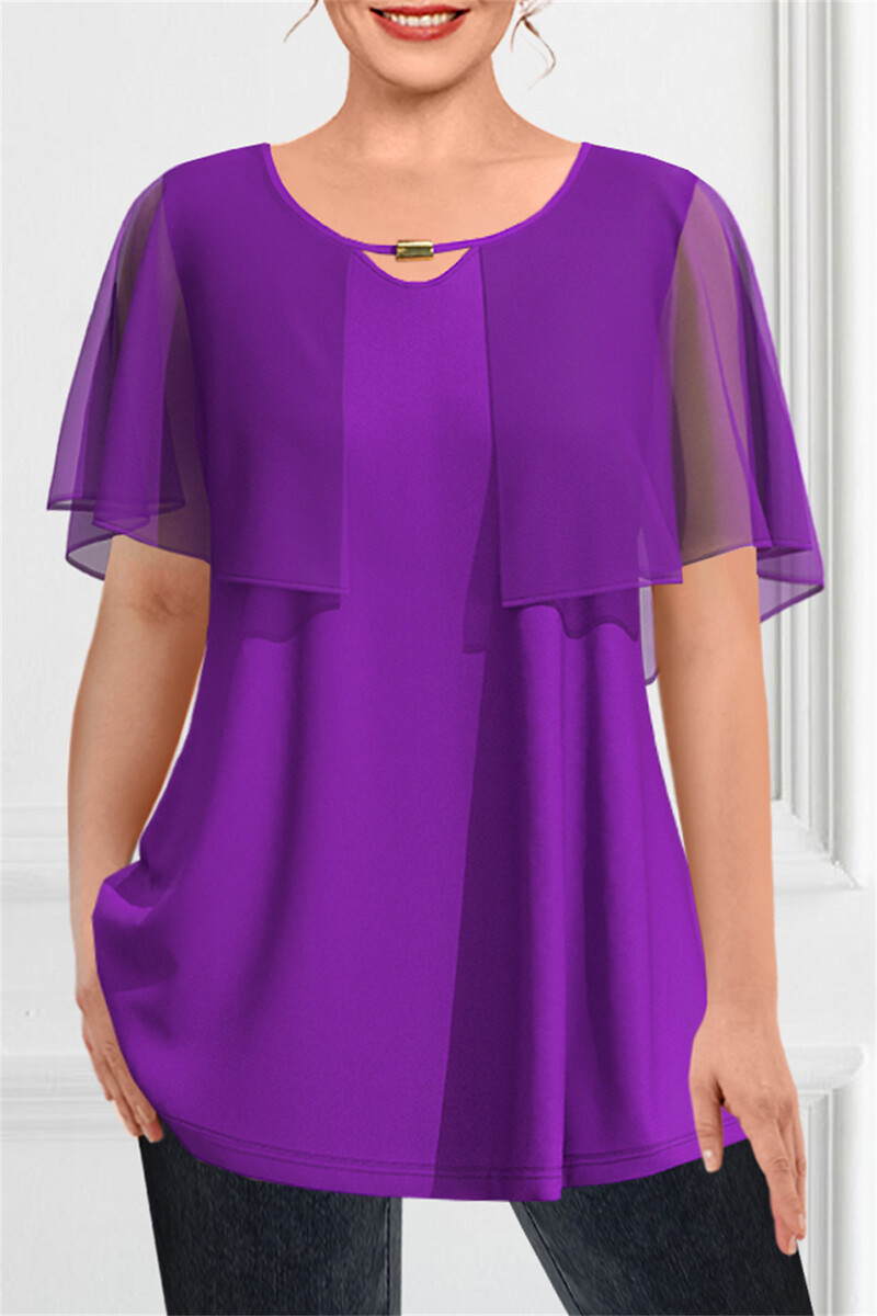 Naiste suures suuruses triiksärk Kuninglik sinine šifoonist lehvimisvarrukas, kahekihiline väljalõigatud võlts, kaheosaline plisseeritud A-jooneline suvetopp