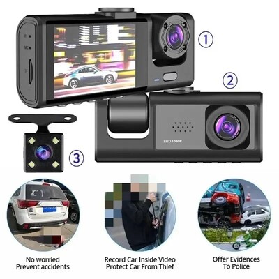 3 kanalų automobilinis DVR HD 1080P 3 objektyvų vidinis transporto priemonės prietaisų skydelis, trijų krypčių kamera DVR įrašymo įrenginys, vaizdo registratorius, vaizdo kamera, vaizdo kamera