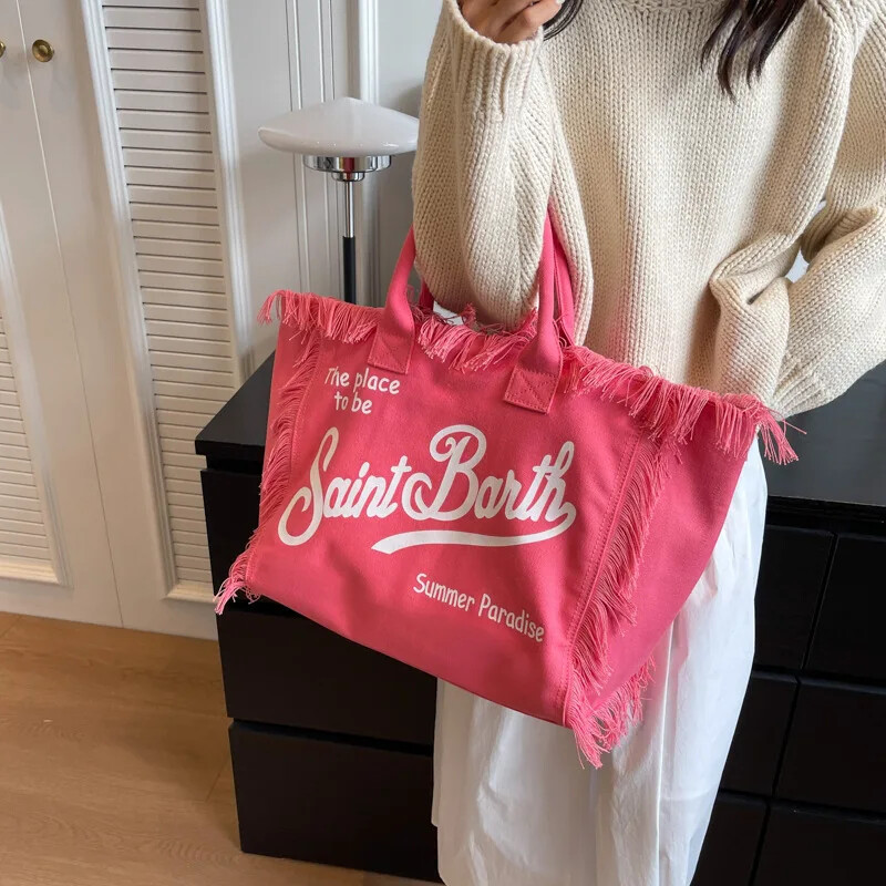 2024. aasta uus õlakott Euroopa Ameerika rand Suure mahutavusega õlakott Käsitsi valmistatud narmastega teksariidest trükitud kandekott