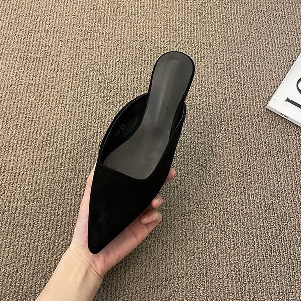 Γυναικείες παντόφλες με μυτερά δάχτυλα Leopard Σχέδιο ρηχό slip σε λεπτά χαμηλά τακούνια Black Flock Design Casual Mules Loafers Μαύρο Outdoor