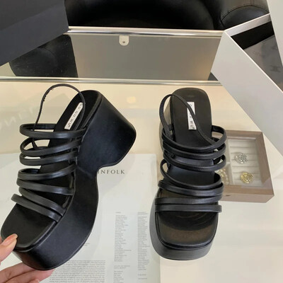 Hõbedased kiilusandaalid Naiste platvormkingad Must vööga kõrged kontsad Gladiator paksu kontsaga suvekiilud Zapatos De Mujer