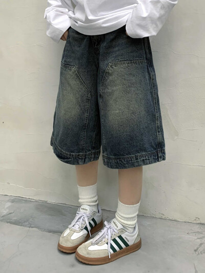 QWEEK Y2k Vintage Baggy Jorts Moteriškos plačios kojos Five Points džinsai Korėjietiška gatvės apranga Laisvalaikio oversize skalbti džinsiniai šortai vasariniai