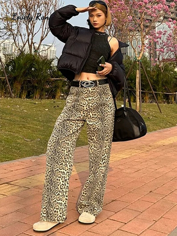 Y2k Proljeće Jesen Leopard Ženske traperice Ležerne prevelike široke nogavice Ženska ulična odjeća Hip Hop Labave Ženske hlače s patentnim zatvaračima