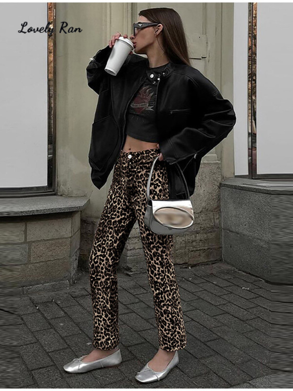 Y2k Proljeće Jesen Leopard Ženske traperice Ležerne prevelike široke nogavice Ženska ulična odjeća Hip Hop Labave Ženske hlače s patentnim zatvaračima