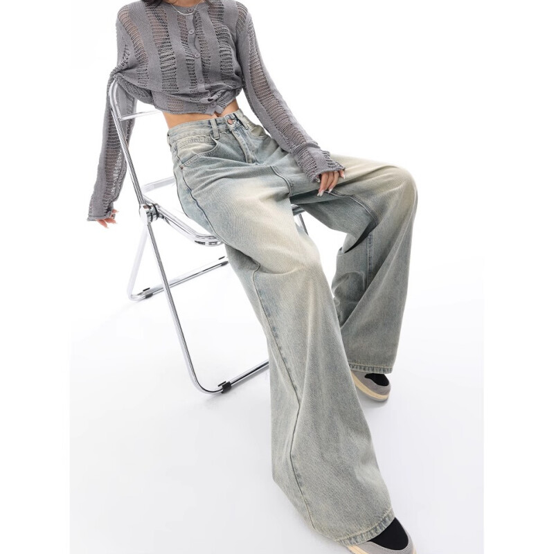 Y2K Blue Jeans για γυναίκες Υψηλής ποιότητας American Street Wide Παντελόνι Hip Hop Vintage ίσιο φθινόπωρο παντελόνι 2024