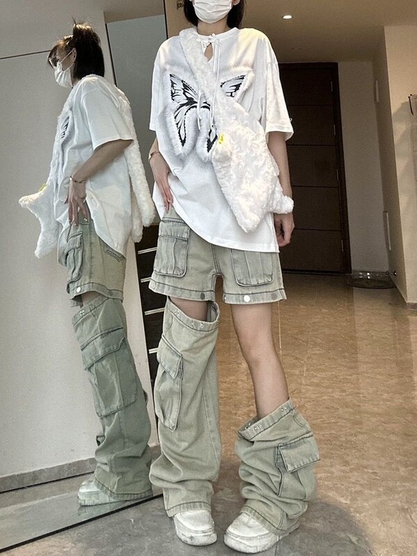 Ameerika uus eemaldatav disain Sense Tooling Teksad Naised Y2K mood gooti retro High Street sirged väikesed vibe vöökohaga püksid