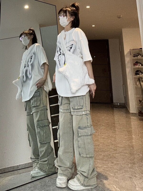 Ameerika uus eemaldatav disain Sense Tooling Teksad Naised Y2K mood gooti retro High Street sirged väikesed vibe vöökohaga püksid