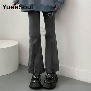 Love Metal Grey Women Jenas High Waist Flares Pants 2022 New Fashion Y2K Vintage Cute Sweet Casual 2000s E girl Женски дрехи