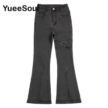 Love Metal Grey Women Jenas High Waist Flares Pants 2022 New Fashion Y2K Vintage Cute Sweet Casual 2000s E girl Женски дрехи