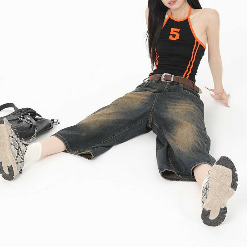 QWEEK Y2k Vintage Baggy Jorts Naiste suvised laia säärega põlvedeni teksad Korea tänavarõivad vabaaja pestud teksapüksid