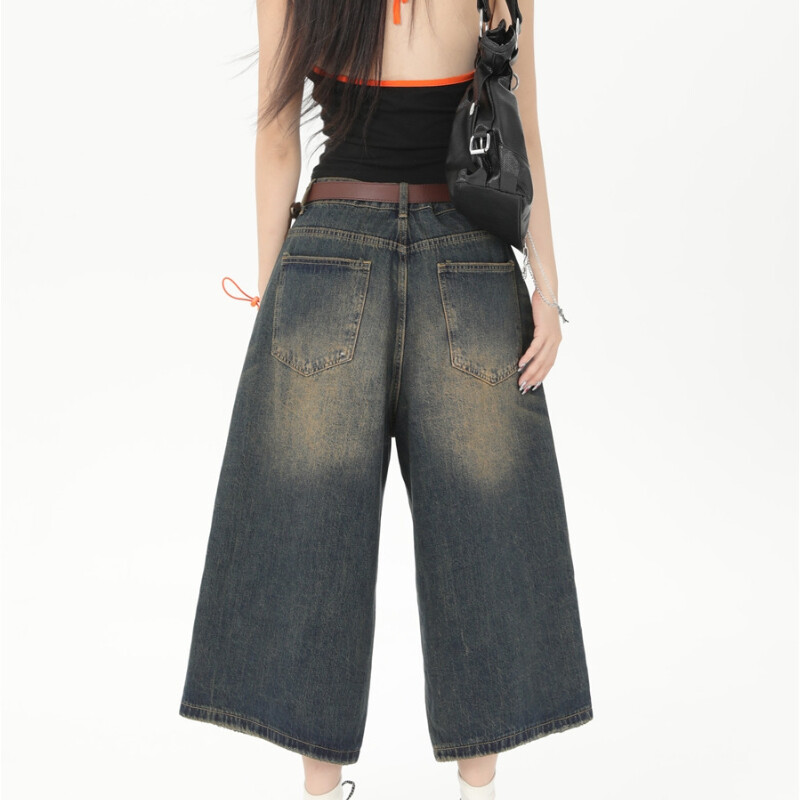 QWEEK Y2k Vintage Baggy Jorts Naiste suvised laia säärega põlvedeni teksad Korea tänavarõivad vabaaja pestud teksapüksid