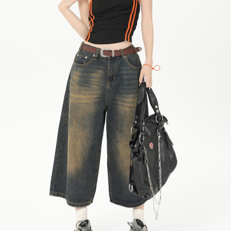 QWEEK Y2k Vintage Baggy Jorts Naiste suvised laia säärega põlvedeni teksad Korea tänavarõivad vabaaja pestud teksapüksid