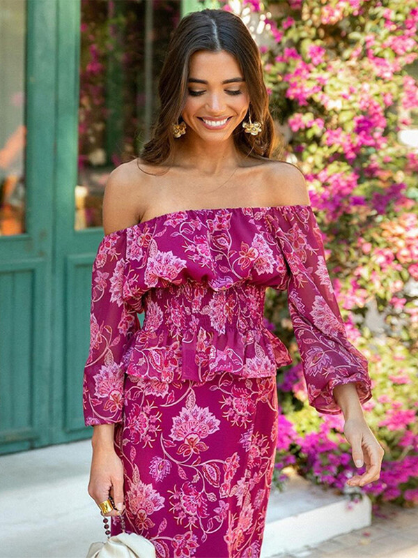 Trükitud komplektid naistele, 2-osaline mood, üks õlg, pikkade varrukatega vöökohaga, volangidega äärisega topside komplektid 2024. aasta naiste uus, sobivates komplektides