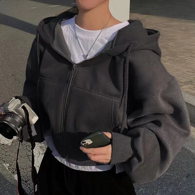 2023. aasta sügis/talv uus fliisvoodriga, mitmekülgne, moodne kärbitud, tõmblukuga, ühevärviline kapuutsiga naiste kampsun