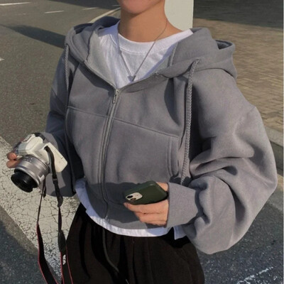 2023. aasta sügis/talv uus fliisvoodriga, mitmekülgne, moodne kärbitud, tõmblukuga, ühevärviline kapuutsiga naiste kampsun