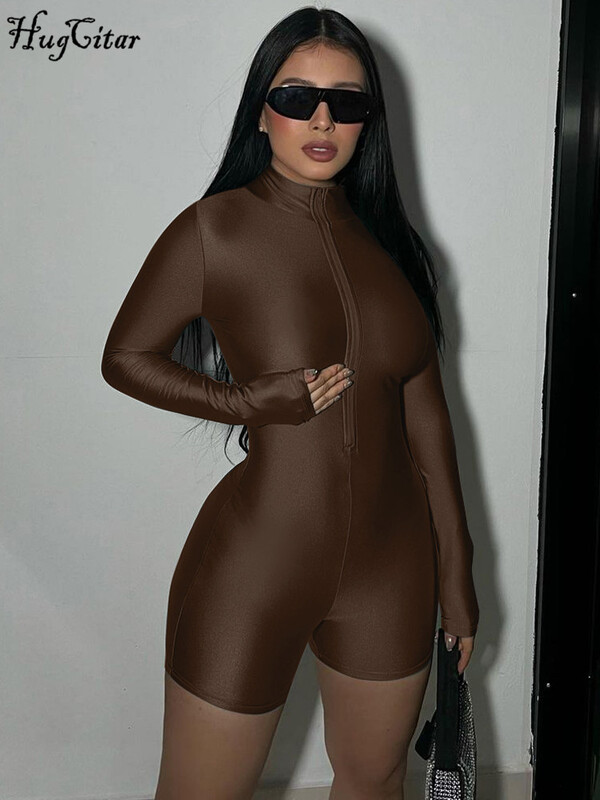 Hugcitar, solid, cu mânecă lungă, cu fermoar, cu fermoar, sexy, subțire, într-o singură bucată, toamna 2023 pentru femei, îmbrăcăminte stradală pentru petrecere.