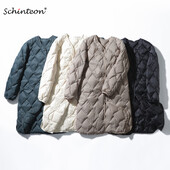Schinteon Women Ultralight White Duck Down Long Jacket Argyle V-deck Collar Ежедневно есенно зимно горно облекло Палто 2023 Нова мода