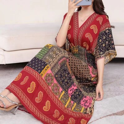 Vabaaja elegantne retro-böömi rahvusstiilis V-kaelusega elastne vöökoht, suur kiiksuga trükitud suvepikk seelik, naiste kleit, riided