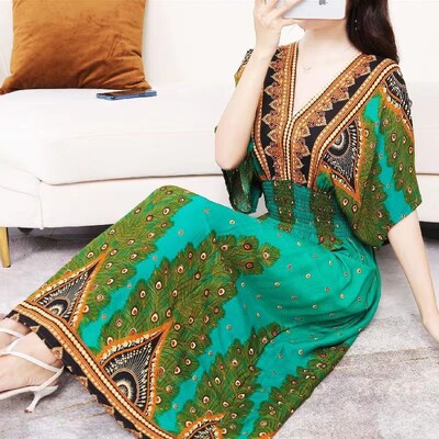 Vabaaja elegantne retro-böömi rahvusstiilis V-kaelusega elastne vöökoht, suur kiiksuga trükitud suvepikk seelik, naiste kleit, riided