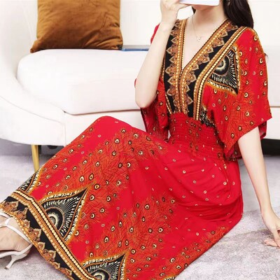 Vabaaja elegantne retro-böömi rahvusstiilis V-kaelusega elastne vöökoht, suur kiiksuga trükitud suvepikk seelik, naiste kleit, riided