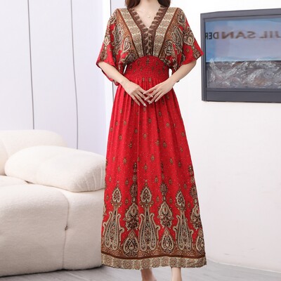 Vabaaja elegantne retro-böömi rahvusstiilis V-kaelusega elastne vöökoht, suur kiiksuga trükitud suvepikk seelik, naiste kleit, riided