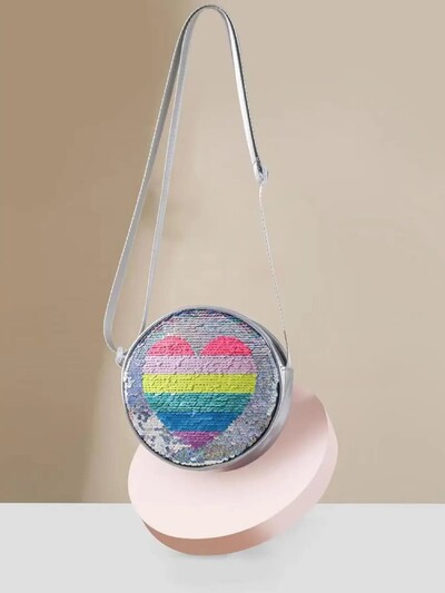 Στρογγυλή τσάντα για κορίτσια με αναστρέψιμη παγιέτα με μοτίβο καρδιάς, χαριτωμένη παιδική τσάντα Messenger, Παιδική τσάντα με φερμουάρ από συνθετικό δέρμα