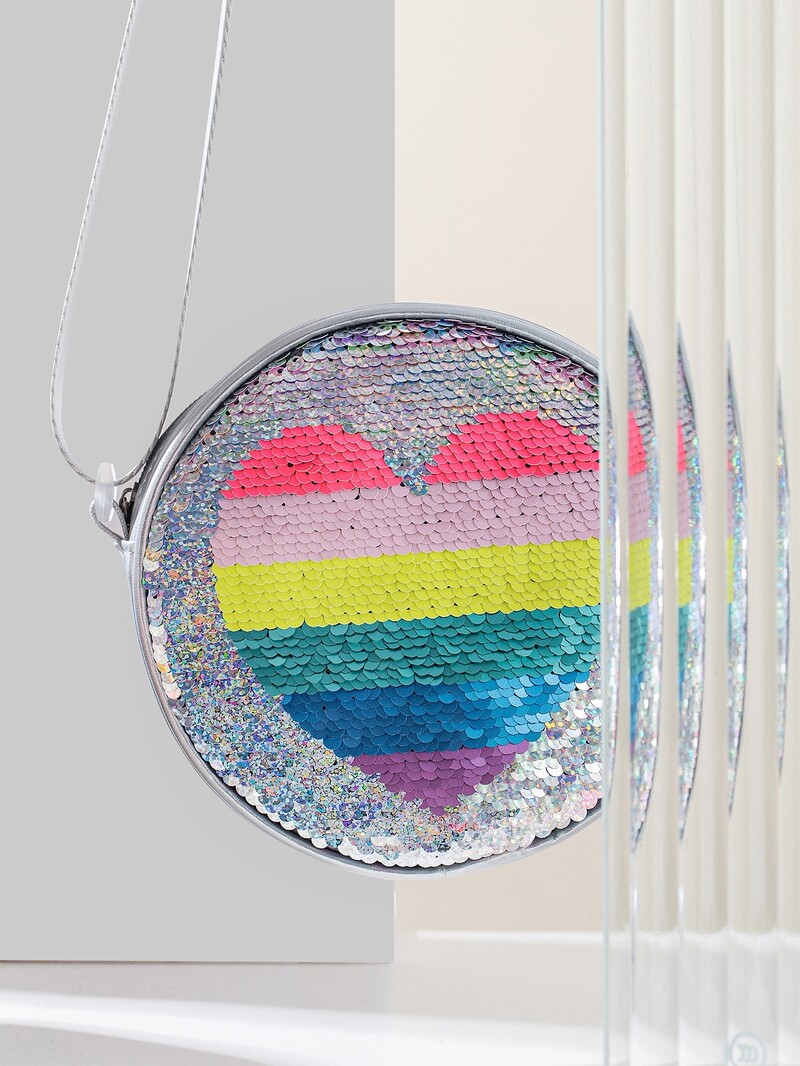 Geantă rotundă pentru fete cu paiete reversibile cu model de inimă, geantă drăguță pentru copii, geantă pentru copii cu fermoar din piele artificială