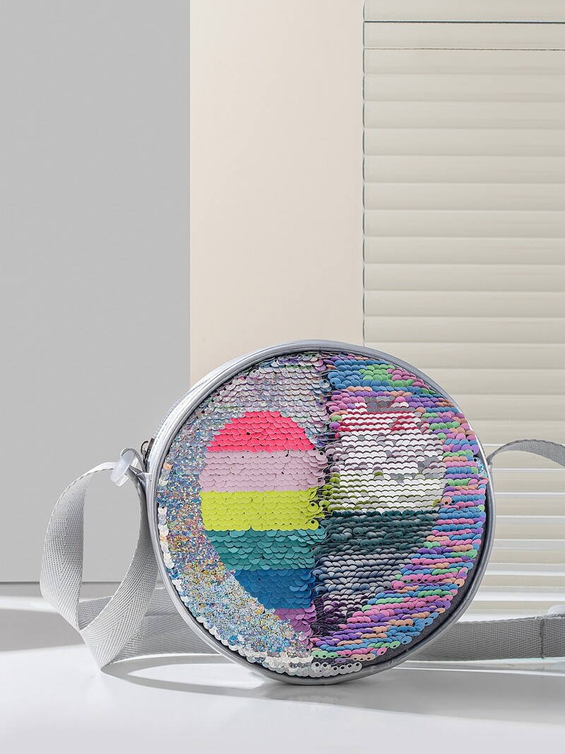 Geantă rotundă pentru fete cu paiete reversibile cu model de inimă, geantă drăguță pentru copii, geantă pentru copii cu fermoar din piele artificială