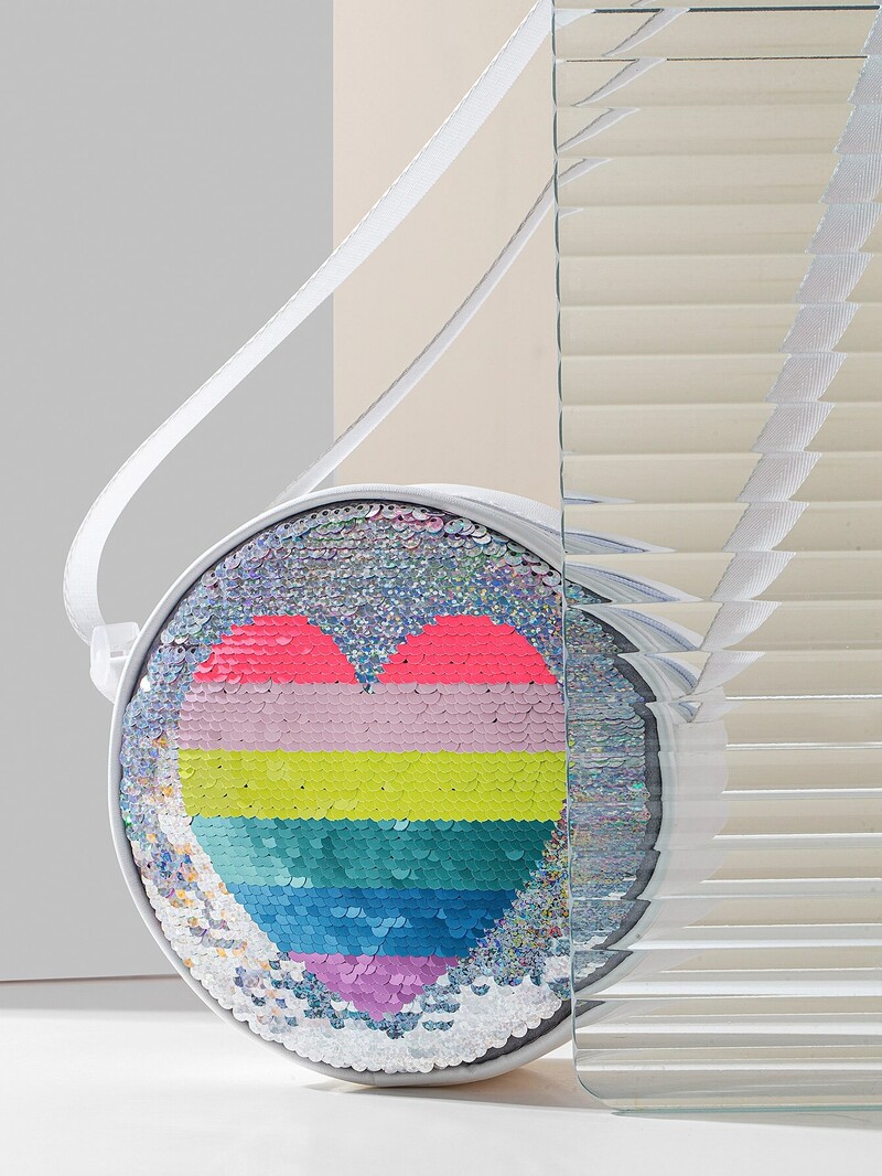 Geantă rotundă pentru fete cu paiete reversibile cu model de inimă, geantă drăguță pentru copii, geantă pentru copii cu fermoar din piele artificială