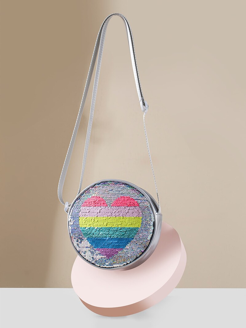Geantă rotundă pentru fete cu paiete reversibile cu model de inimă, geantă drăguță pentru copii, geantă pentru copii cu fermoar din piele artificială