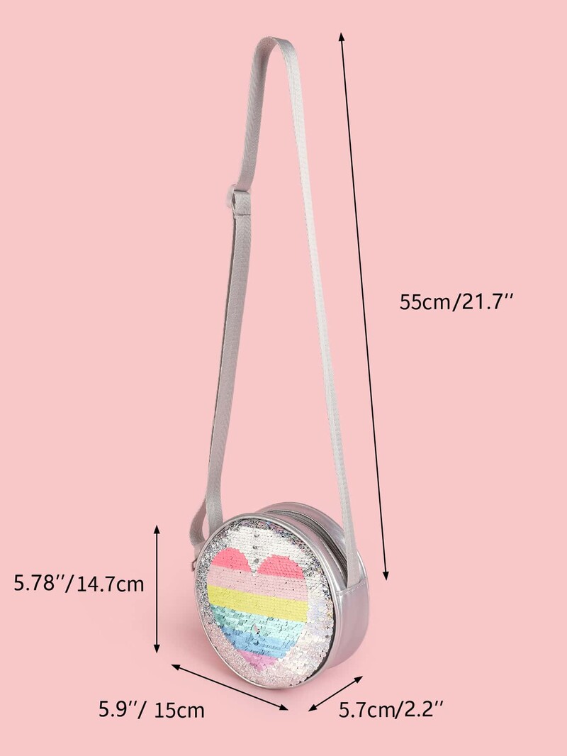 Geantă rotundă pentru fete cu paiete reversibile cu model de inimă, geantă drăguță pentru copii, geantă pentru copii cu fermoar din piele artificială