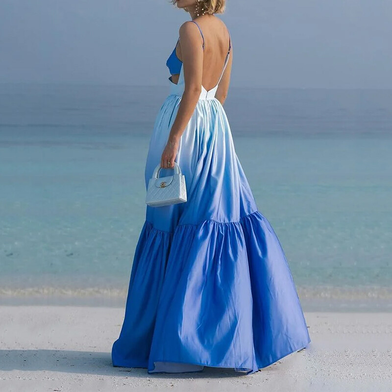 Ellafads Maxi Kleit Naiste Elegantne Varrukateta Suspender Ombre Õõnes Seljata Nipistatud Vöökoht Peokleidid Tänavarõivad