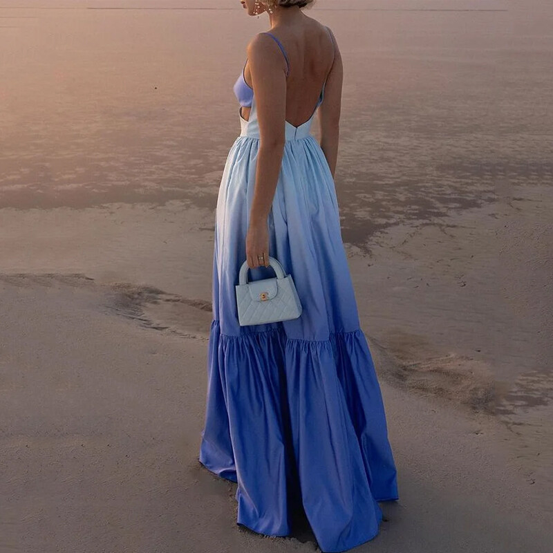 Ellafads Maxi Kleit Naiste Elegantne Varrukateta Suspender Ombre Õõnes Seljata Nipistatud Vöökoht Peokleidid Tänavarõivad