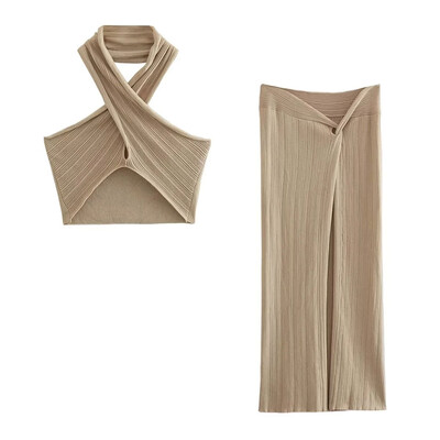 TRAFZA Set bolero încrucișat metalic de vară pentru femei, fuste din tricot cu talie înaltă, la modă, rochie midi sexy, 2 bucăți