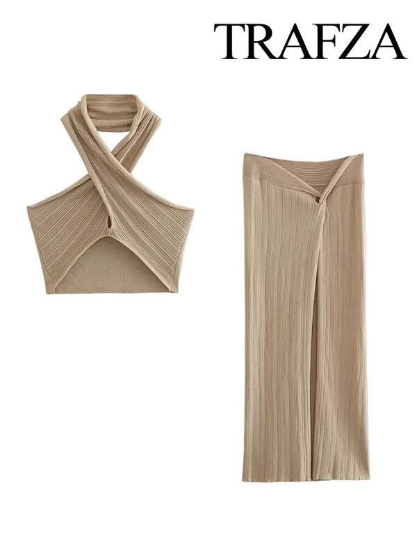 TRAFZA Set bolero încrucișat metalic de vară pentru femei, fuste din tricot cu talie înaltă, la modă, rochie midi sexy, 2 bucăți