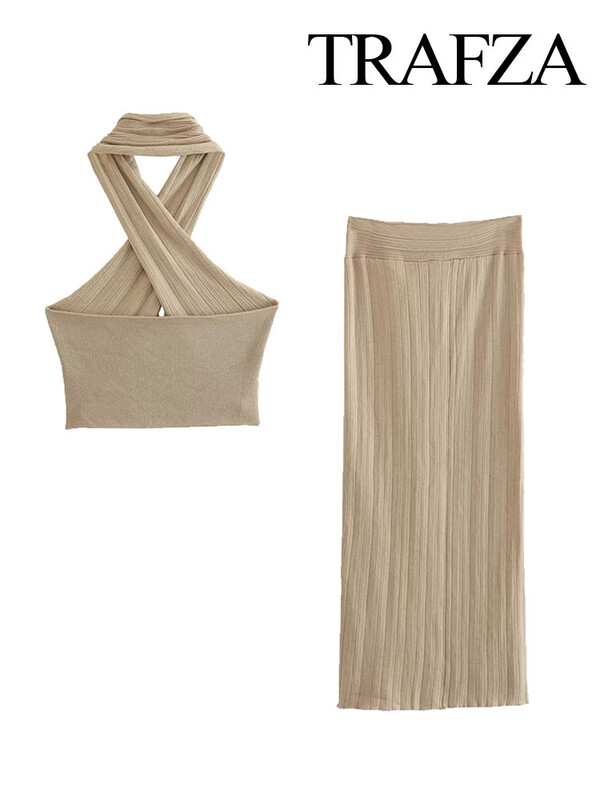 TRAFZA Set bolero încrucișat metalic de vară pentru femei, fuste din tricot cu talie înaltă, la modă, rochie midi sexy, 2 bucăți