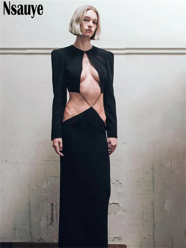 Nsauye suvenaiste seksikas väljalõigatud pikkade varrukatega must moekleit 2024. aasta õhtune sünnipäevapeo ööklubi šikid madala vöökohaga kleidid