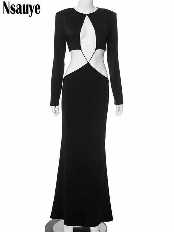 Nsauye suvenaiste seksikas väljalõigatud pikkade varrukatega must moekleit 2024. aasta õhtune sünnipäevapeo ööklubi šikid madala vöökohaga kleidid