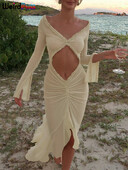 Divné sexy priehľadné dámske šaty s elegantným výstrihom do V, dlhými rukávmi, volánikmi a čipkou, nariaseným priliehavým strihom, plážovým oblečením a klubovým oblečením.